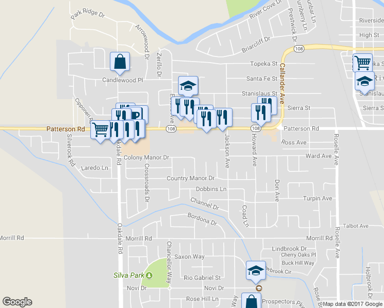 map of restaurants, bars, coffee shops, grocery stores, and more near 2443 Colony Manor Drive in Riverbank