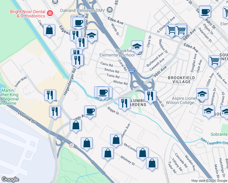 map of restaurants, bars, coffee shops, grocery stores, and more near 9755 Empire Road in Oakland