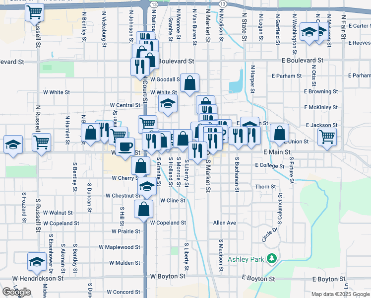 map of restaurants, bars, coffee shops, grocery stores, and more near 300 West Main Street in Marion