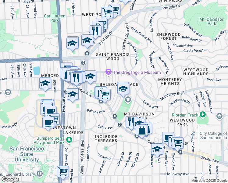 map of restaurants, bars, coffee shops, grocery stores, and more near 333 Santa Ana Avenue in San Francisco