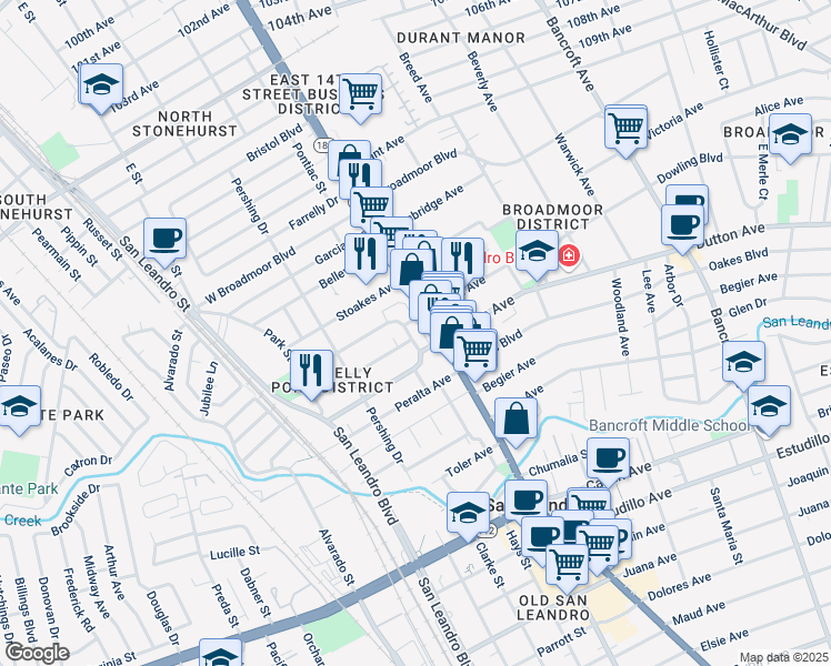 map of restaurants, bars, coffee shops, grocery stores, and more near 540 Lafayette Avenue in San Leandro