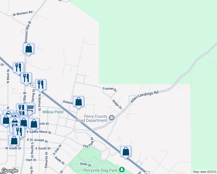 map of restaurants, bars, coffee shops, grocery stores, and more near 710 Truman Drive in Perryville