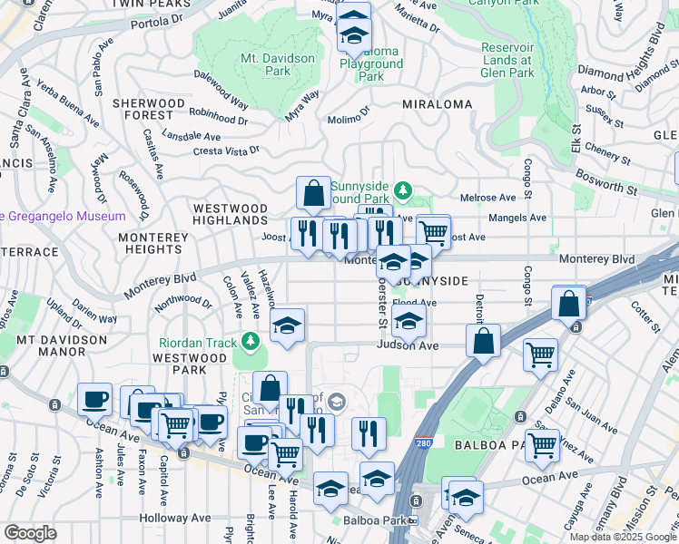map of restaurants, bars, coffee shops, grocery stores, and more near 318 Gennessee Street in San Francisco