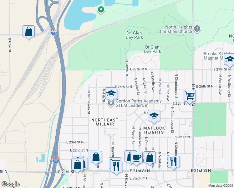 map of restaurants, bars, coffee shops, grocery stores, and more near 2631 North Spruce Avenue in Wichita