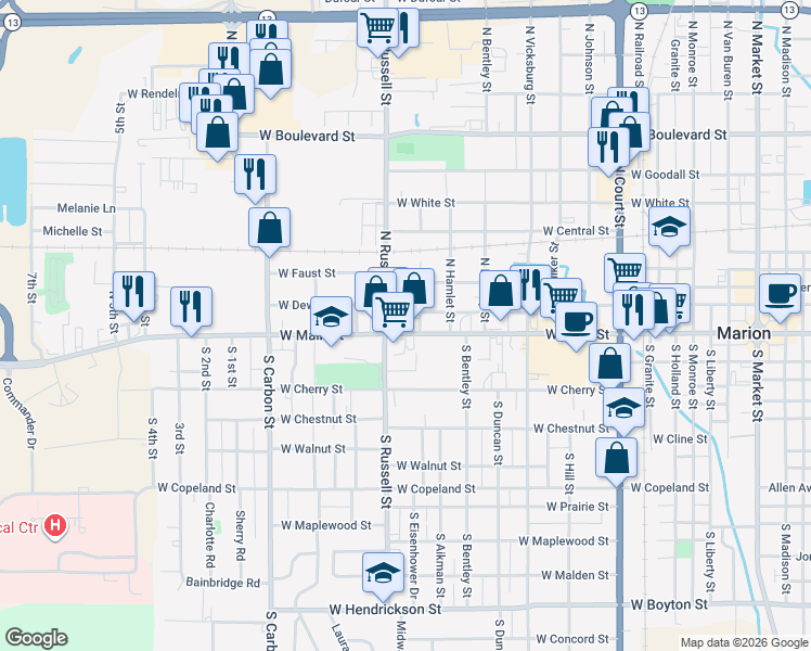 map of restaurants, bars, coffee shops, grocery stores, and more near 1406 West Main Street in Marion
