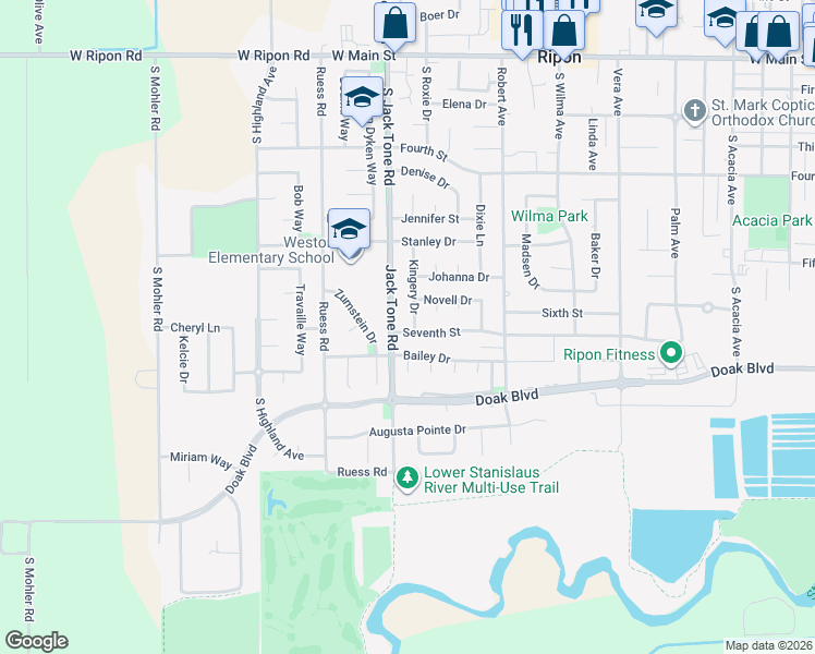 map of restaurants, bars, coffee shops, grocery stores, and more near 967 Kingery Drive in Ripon