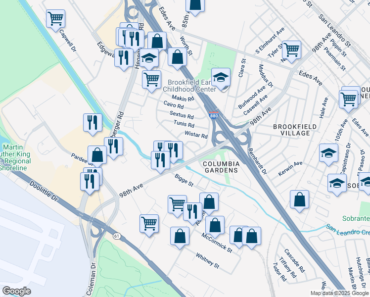map of restaurants, bars, coffee shops, grocery stores, and more near 9755 Empire Road in Oakland