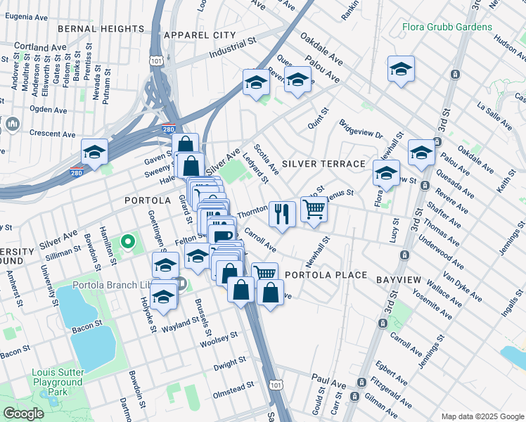 map of restaurants, bars, coffee shops, grocery stores, and more near 667 Thornton Avenue in San Francisco