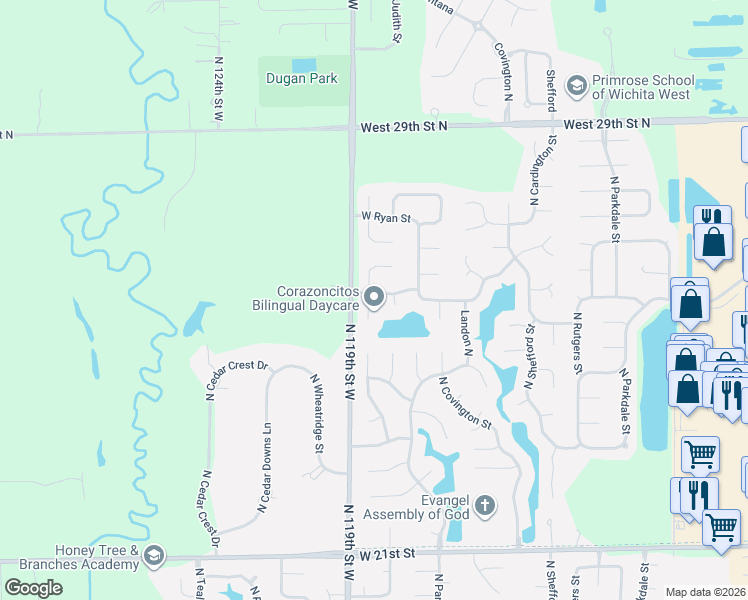 map of restaurants, bars, coffee shops, grocery stores, and more near 11945 West Central Park Court in Wichita
