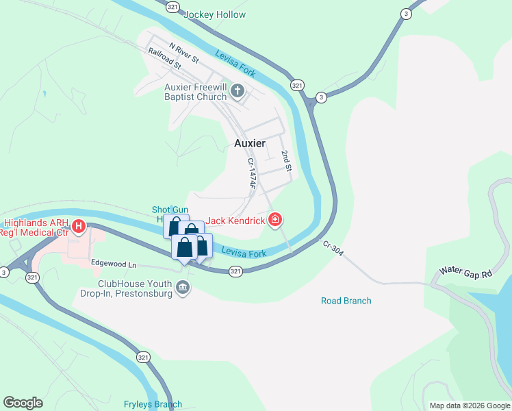 map of restaurants, bars, coffee shops, grocery stores, and more near Highland Avenue in Auxier