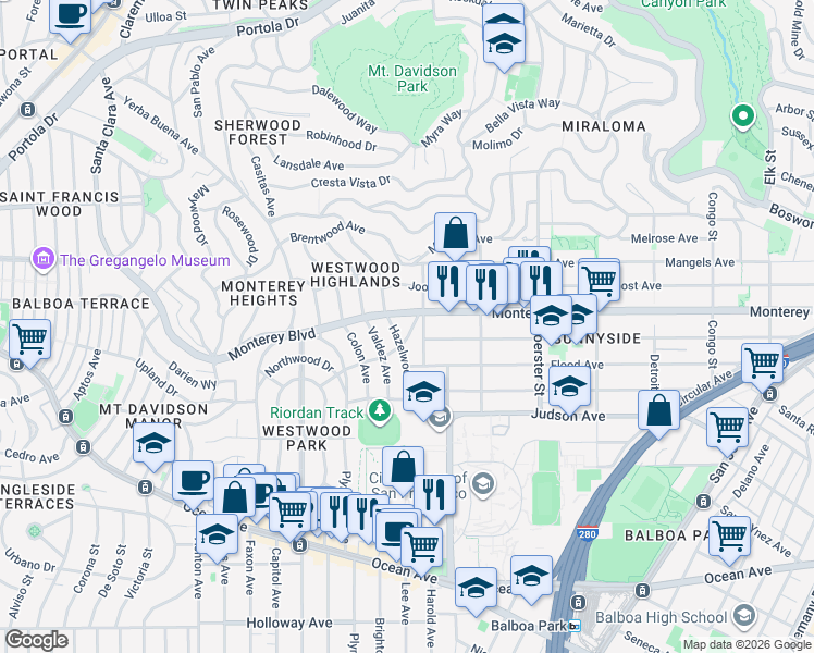 map of restaurants, bars, coffee shops, grocery stores, and more near 40 Montecito Avenue in San Francisco