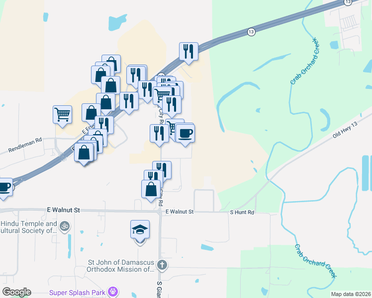 map of restaurants, bars, coffee shops, grocery stores, and more near 1405 East Sunny Acres Road in Carbondale