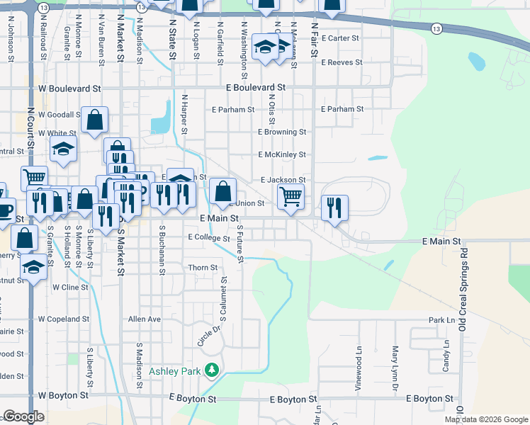 map of restaurants, bars, coffee shops, grocery stores, and more near 818 East Main Street in Marion