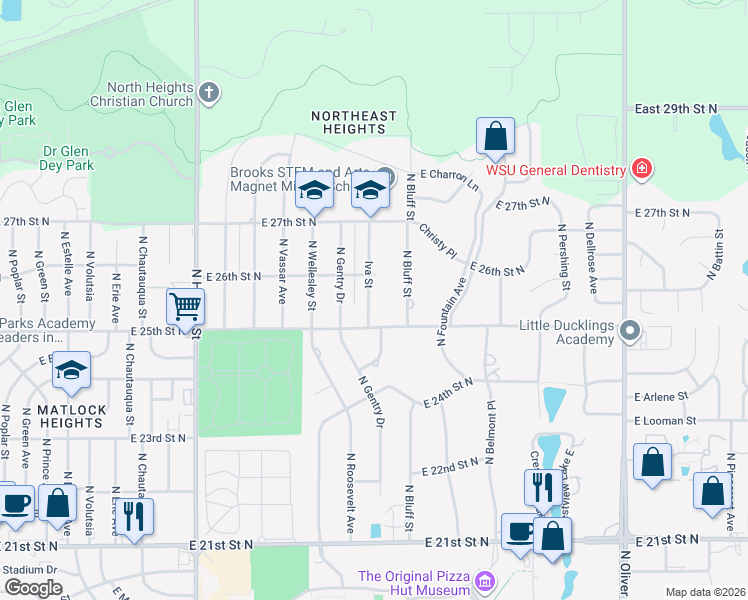 map of restaurants, bars, coffee shops, grocery stores, and more near 2634 Iva Street in Wichita