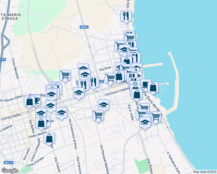 map of restaurants, bars, coffee shops, grocery stores, and more near 45 Via Luigi Capuana in Riposto