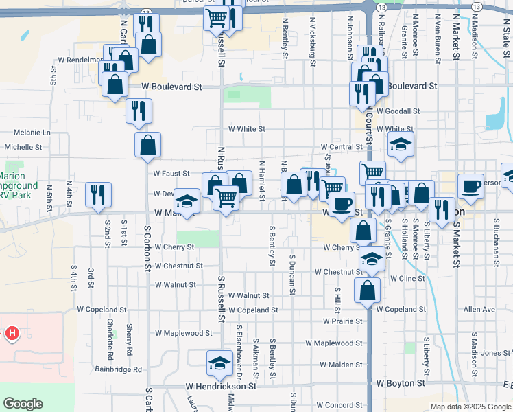 map of restaurants, bars, coffee shops, grocery stores, and more near 1304 West Main Street in Marion