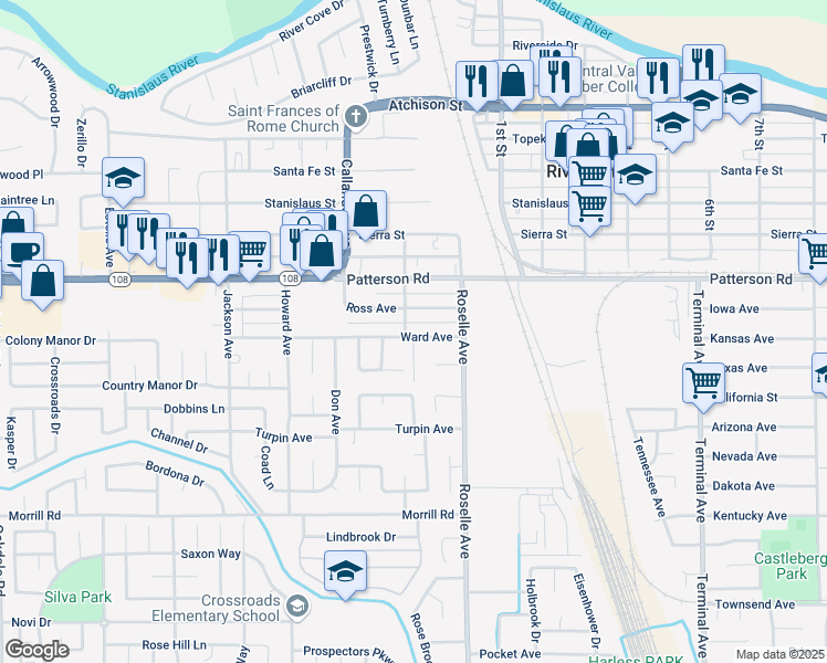 map of restaurants, bars, coffee shops, grocery stores, and more near 2907 Ward Avenue in Riverbank