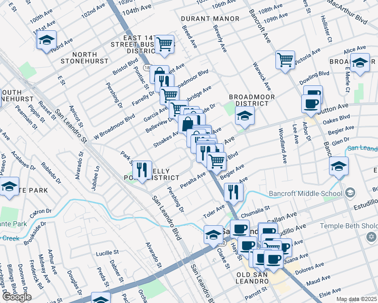 map of restaurants, bars, coffee shops, grocery stores, and more near 540 Lafayette Avenue in San Leandro