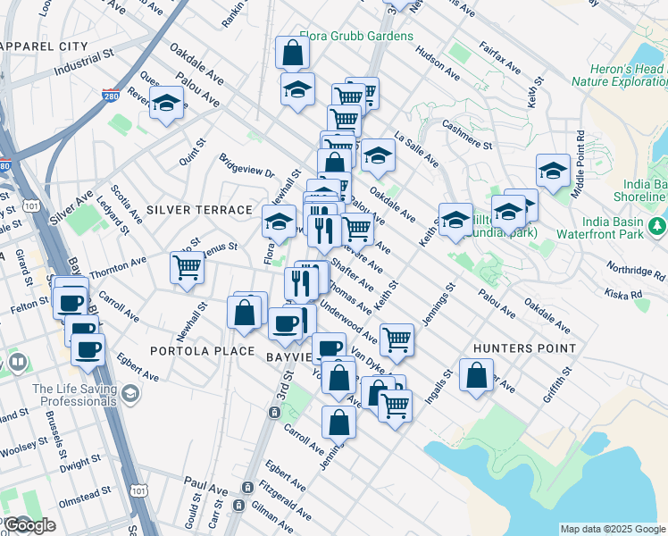 map of restaurants, bars, coffee shops, grocery stores, and more near 1615 Shafter Avenue in San Francisco