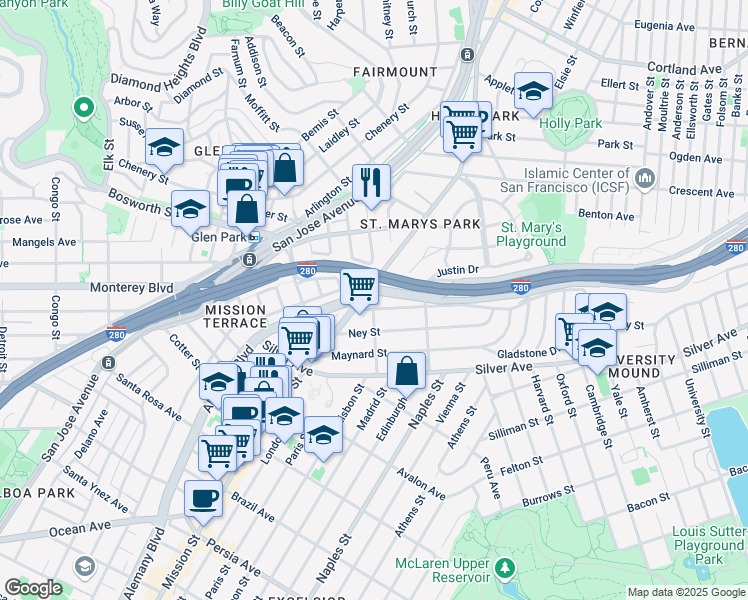 map of restaurants, bars, coffee shops, grocery stores, and more near 4095 Mission Street in San Francisco