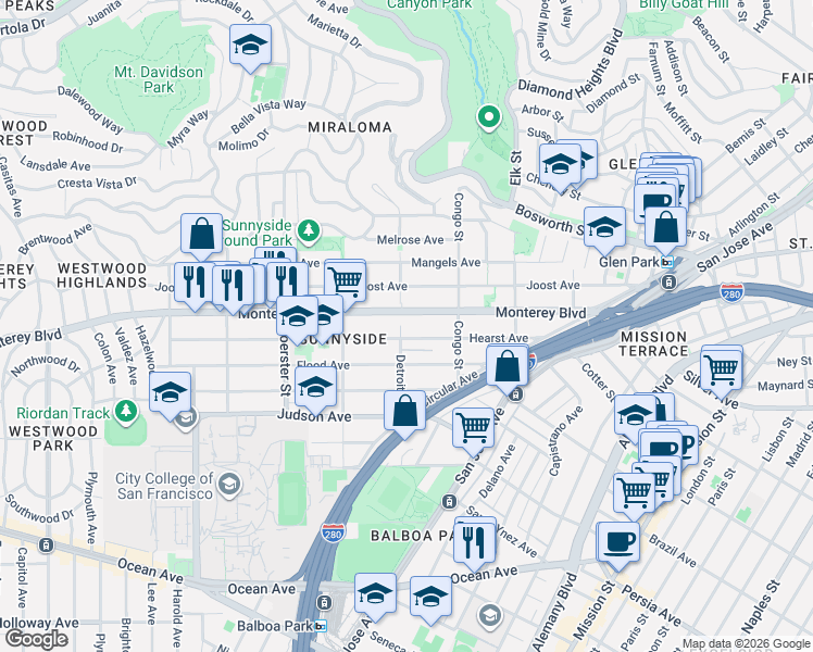 map of restaurants, bars, coffee shops, grocery stores, and more near 266 Hearst Avenue in San Francisco