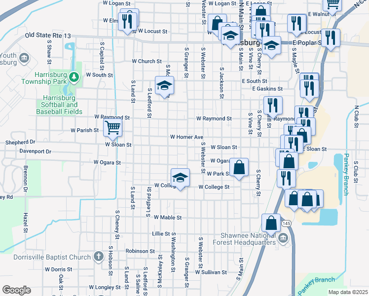 map of restaurants, bars, coffee shops, grocery stores, and more near 601-621 South Granger Street in Harrisburg