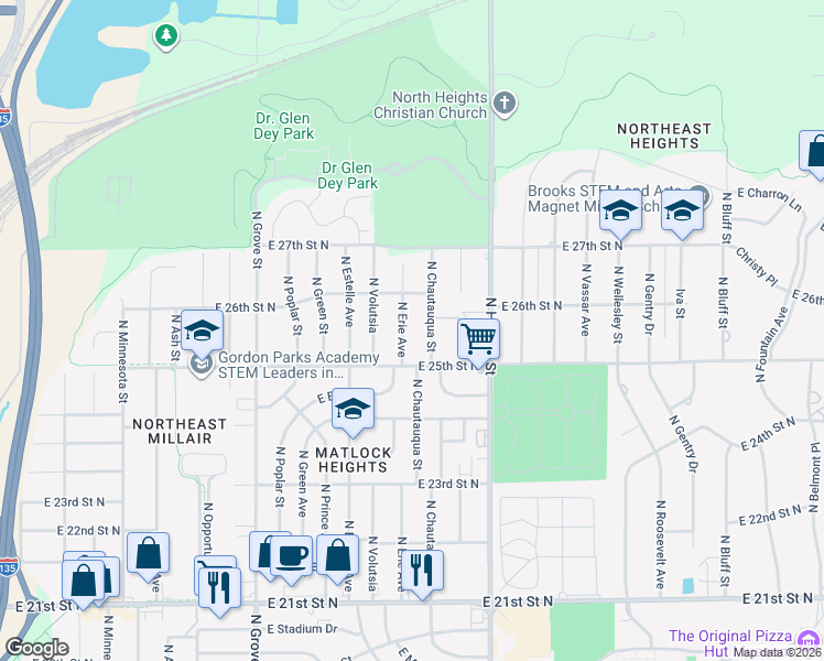 map of restaurants, bars, coffee shops, grocery stores, and more near 2626 North Erie Street in Wichita