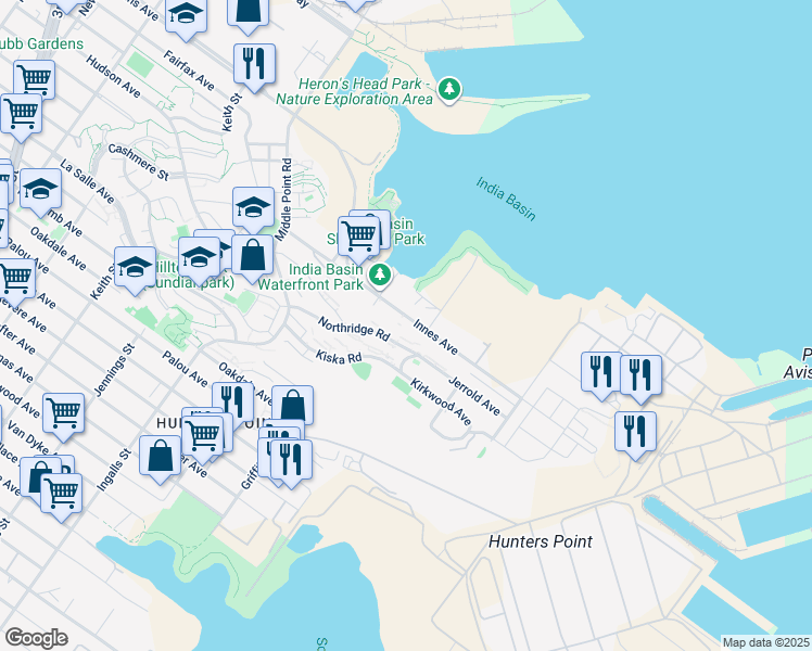 map of restaurants, bars, coffee shops, grocery stores, and more near 857 Innes Avenue in San Francisco