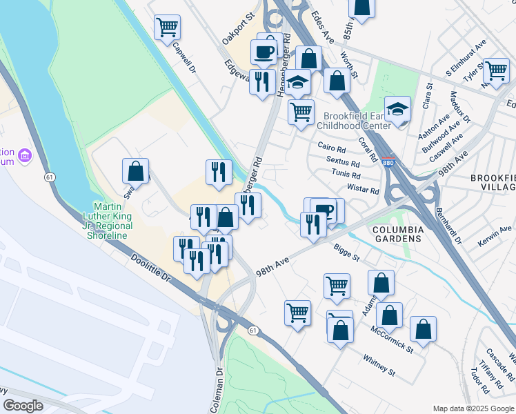 map of restaurants, bars, coffee shops, grocery stores, and more near 20 Hegenberger Place in Oakland