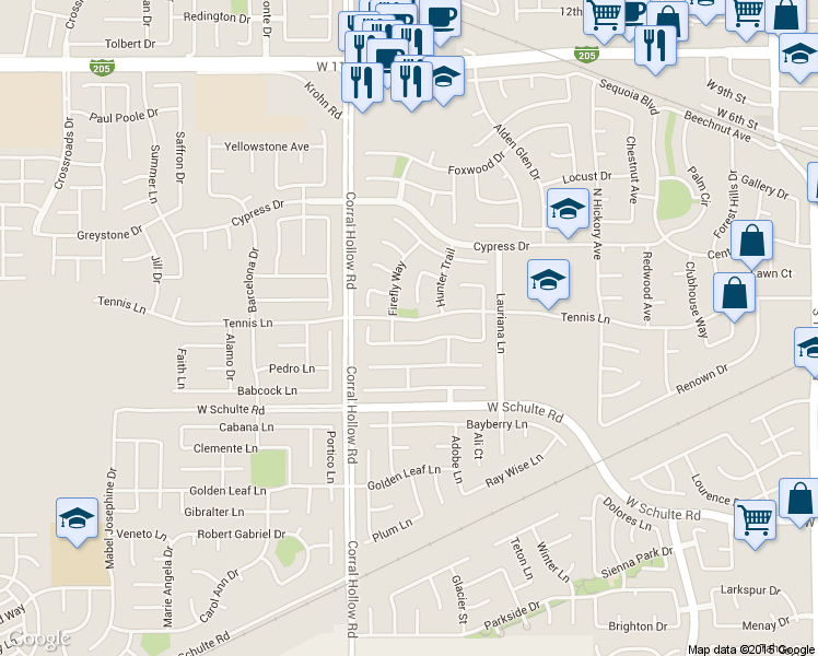 map of restaurants, bars, coffee shops, grocery stores, and more near 1860 Tennis Lane in Tracy