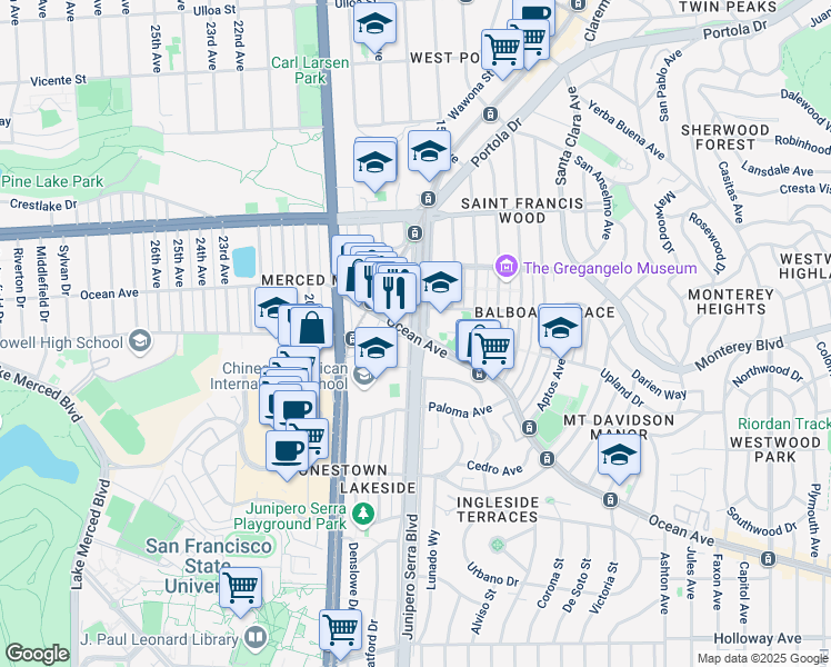 map of restaurants, bars, coffee shops, grocery stores, and more near Ocean Avenue & Junipero Serra Boulevard in San Francisco