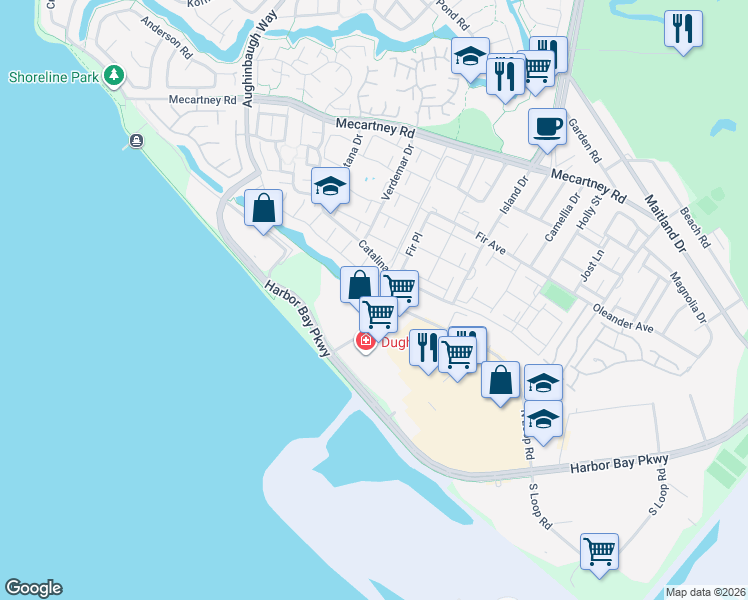 map of restaurants, bars, coffee shops, grocery stores, and more near 327 Ratto Road in Alameda