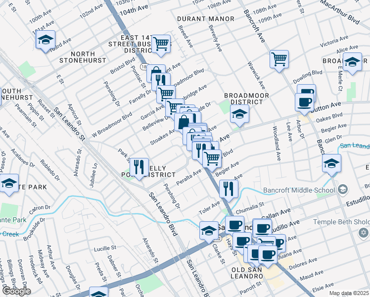 map of restaurants, bars, coffee shops, grocery stores, and more near 532 Lafayette Avenue in San Leandro