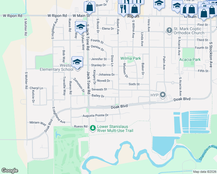 map of restaurants, bars, coffee shops, grocery stores, and more near 1361 Seventh Street in Ripon