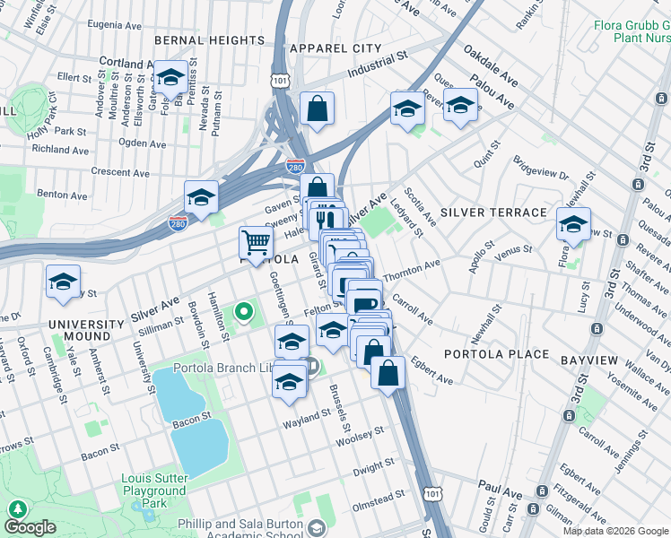 map of restaurants, bars, coffee shops, grocery stores, and more near 31 Silliman Street in San Francisco
