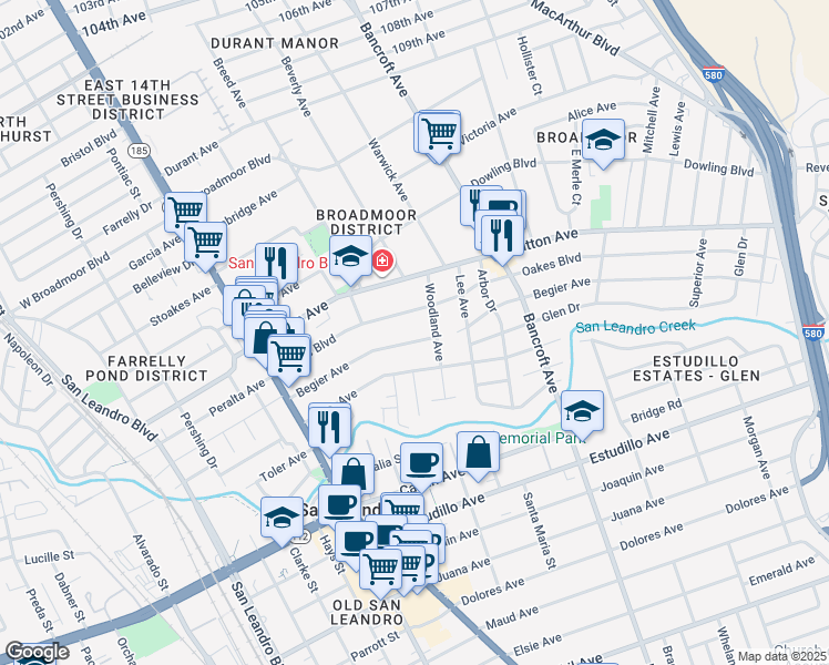 map of restaurants, bars, coffee shops, grocery stores, and more near 406 Begier Avenue in San Leandro
