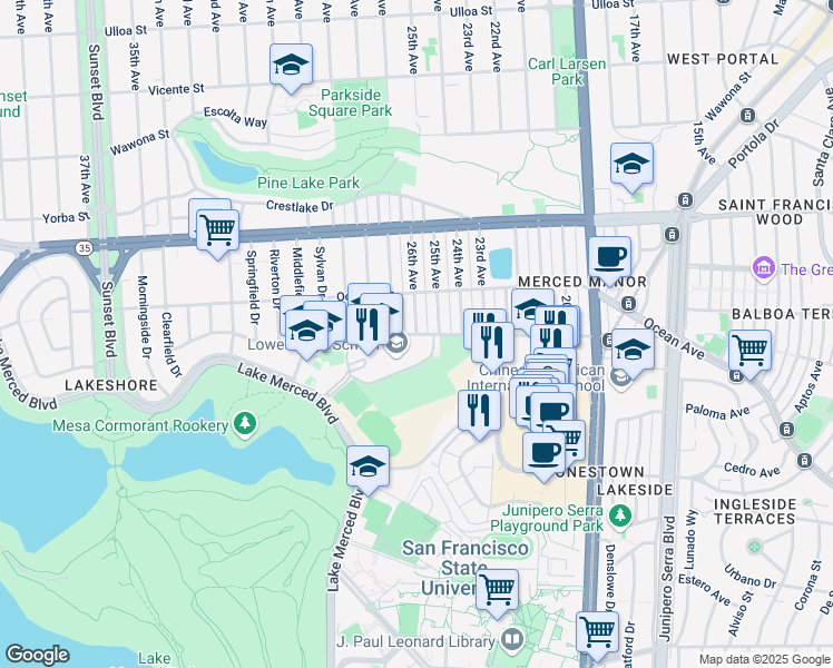 map of restaurants, bars, coffee shops, grocery stores, and more near 901 Eucalyptus Drive in San Francisco