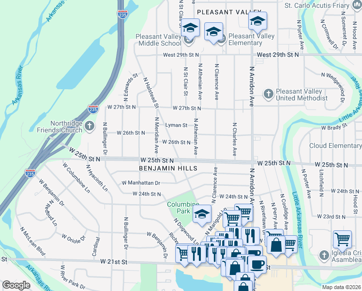 map of restaurants, bars, coffee shops, grocery stores, and more near 2217 West 26th Street North in Wichita