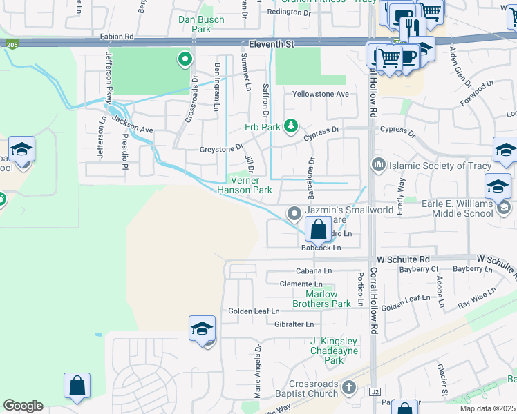 map of restaurants, bars, coffee shops, grocery stores, and more near 2432 Tennis Lane in Tracy