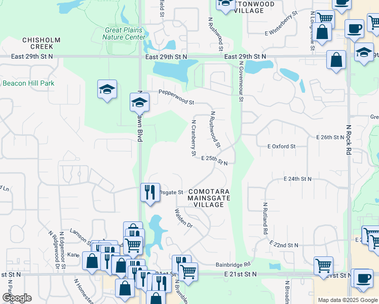 map of restaurants, bars, coffee shops, grocery stores, and more near 2613 North Cranberry Street in Wichita