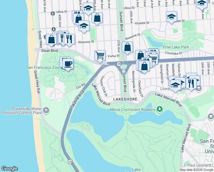 map of restaurants, bars, coffee shops, grocery stores, and more near 54 Huntington Drive in San Francisco