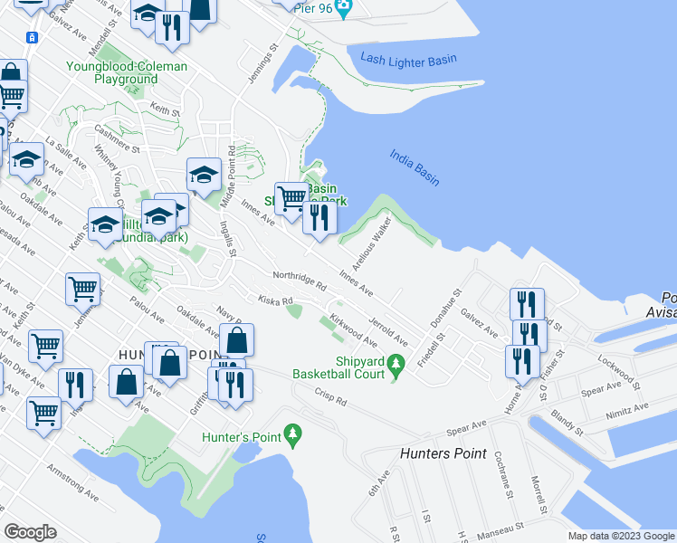 map of restaurants, bars, coffee shops, grocery stores, and more near 857 Innes Avenue in San Francisco
