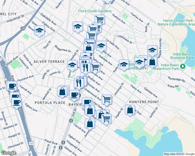 map of restaurants, bars, coffee shops, grocery stores, and more near 1555 Revere Avenue in San Francisco