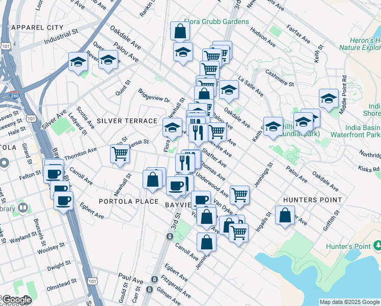 map of restaurants, bars, coffee shops, grocery stores, and more near in San Francisco