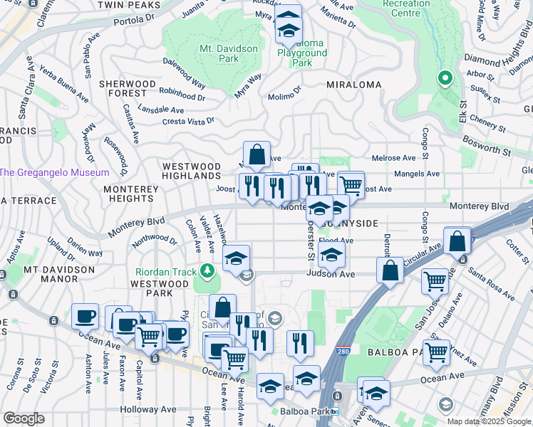 map of restaurants, bars, coffee shops, grocery stores, and more near 318 Gennessee Street in San Francisco