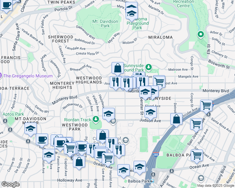 map of restaurants, bars, coffee shops, grocery stores, and more near 658 Hearst Avenue in San Francisco