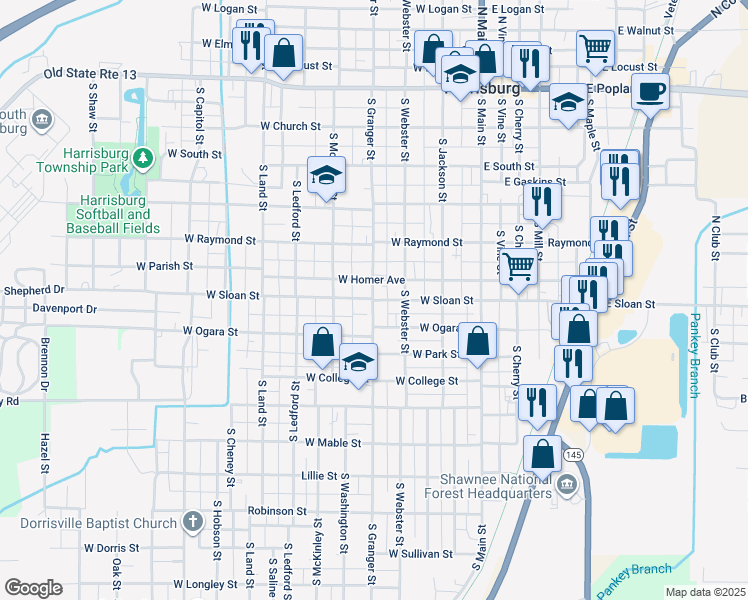 map of restaurants, bars, coffee shops, grocery stores, and more near 601-621 South Granger Street in Harrisburg