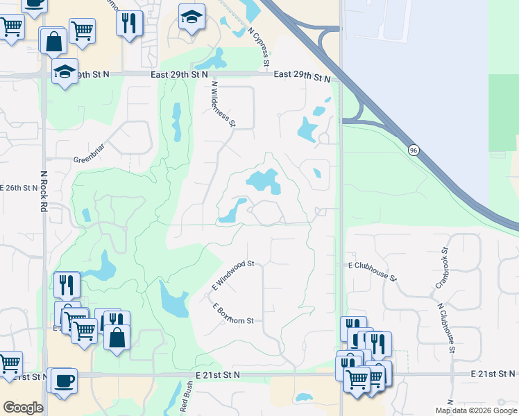 map of restaurants, bars, coffee shops, grocery stores, and more near 9020 E Woodspring St in Wichita