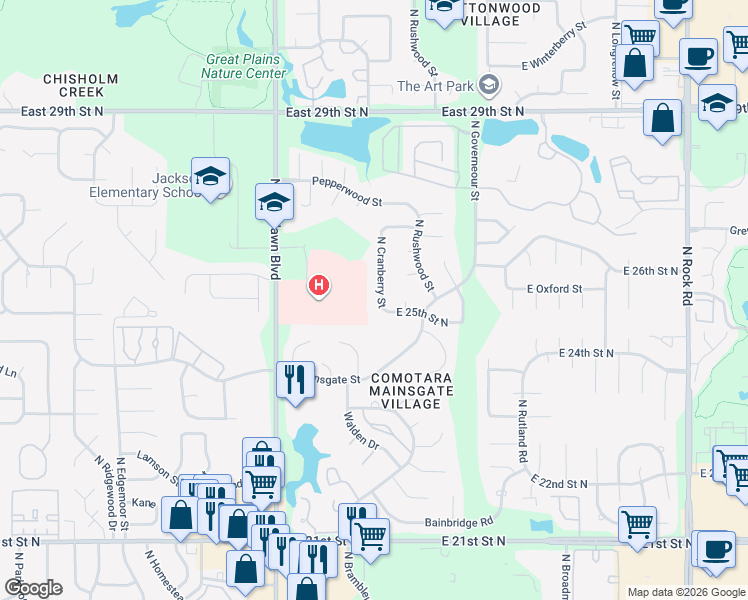 map of restaurants, bars, coffee shops, grocery stores, and more near 2613 North Cranberry Street in Wichita