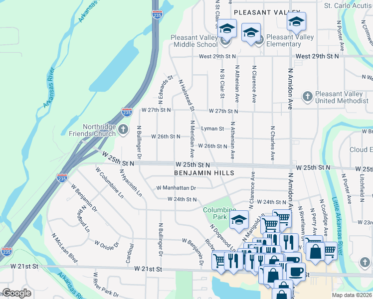 map of restaurants, bars, coffee shops, grocery stores, and more near 2630 North Richmond Avenue in Wichita